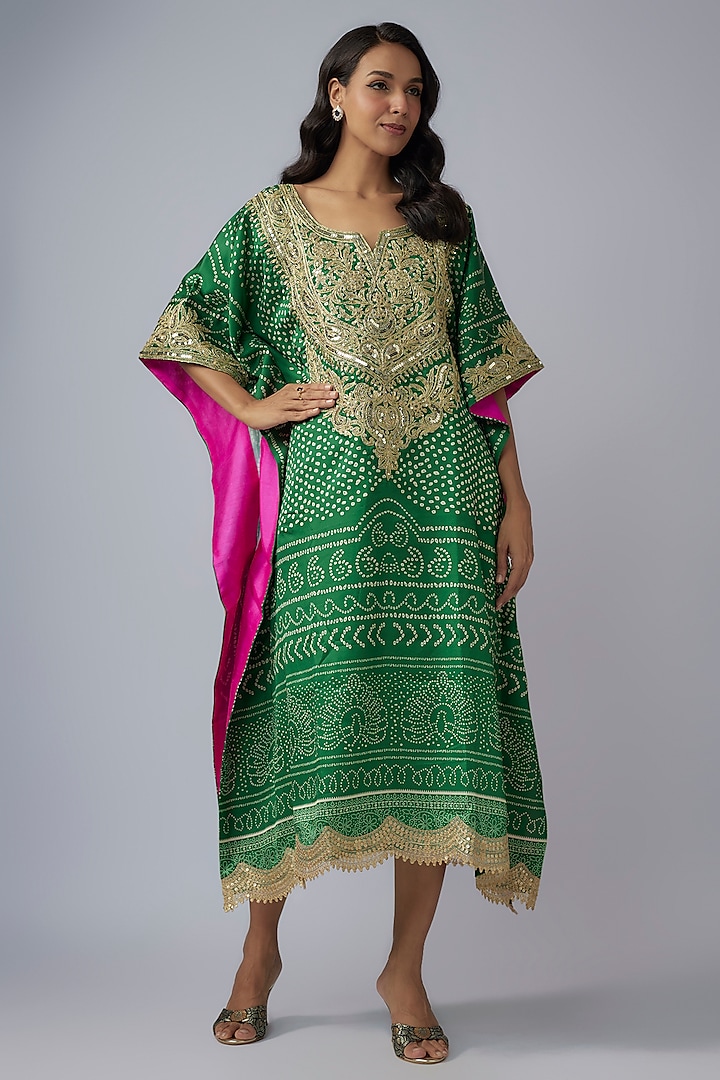 Emerald Green Modal Silk Bandhani Printed Kaftan by Priyanka Jha at Pernia's Pop Up Shop