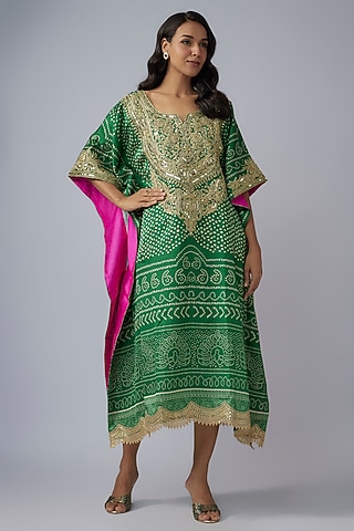 Emerald Green Modal Silk Bandhani Printed Kaftan by Priyanka Jha