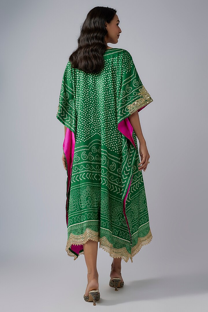 Emerald Green Modal Silk Bandhani Printed Kaftan by Priyanka Jha at Pernia's Pop Up Shop
