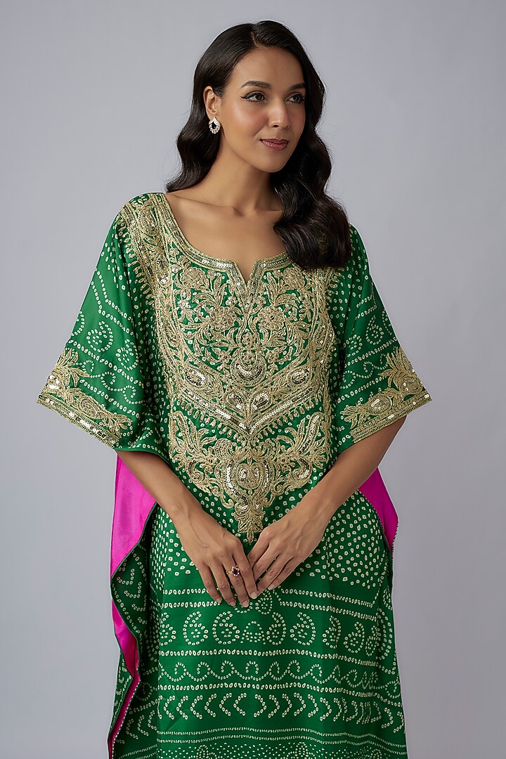 Emerald Green Modal Silk Bandhani Printed Kaftan by Priyanka Jha at Pernia's Pop Up Shop