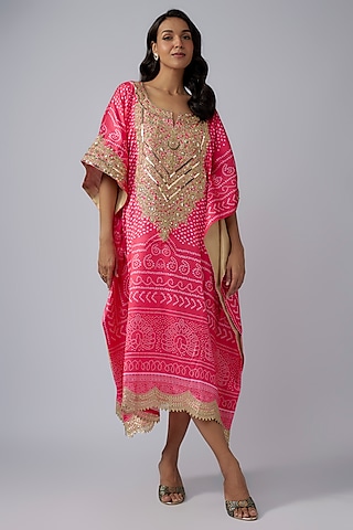 Hot Pink Modal Silk Bandhani Printed Kaftan by Priyanka Jha
