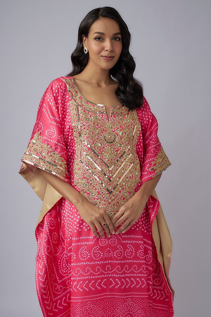 Hot Pink Modal Silk Bandhani Printed Kaftan by Priyanka Jha at Pernia's Pop Up Shop