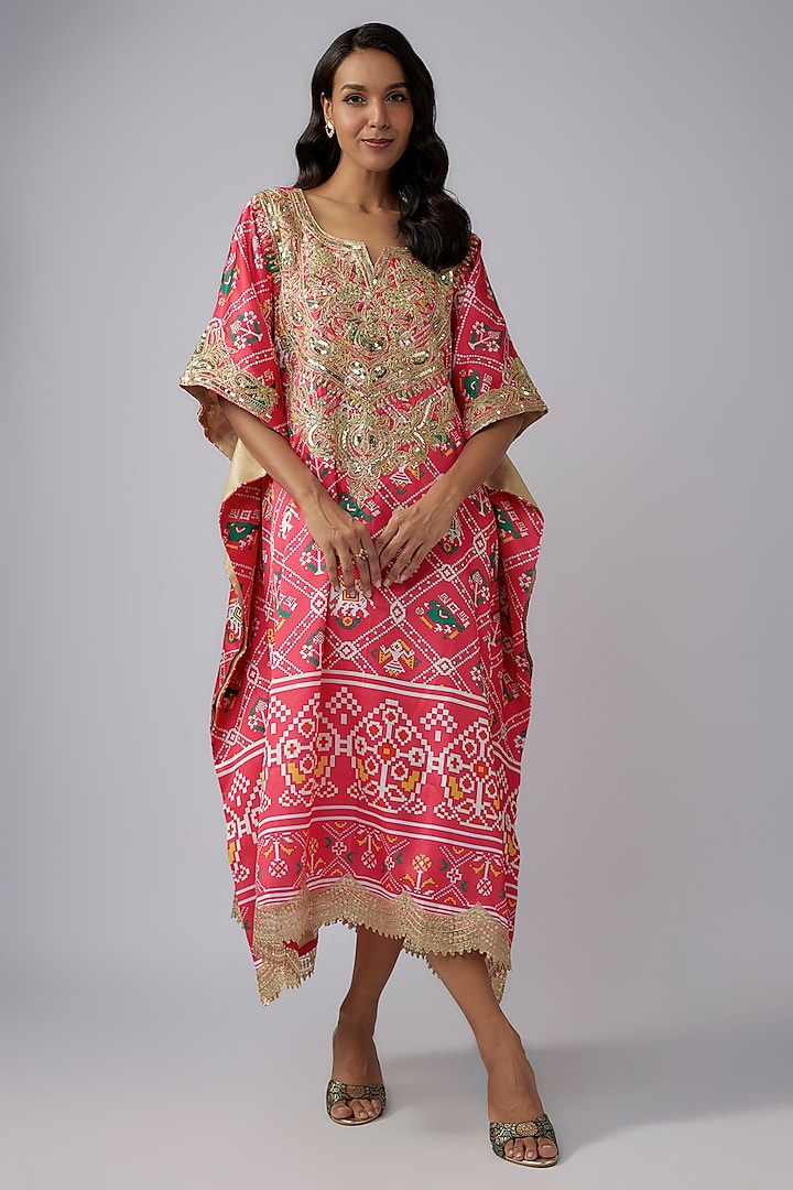 Hot Pink Modal Silk Patola Printed Kaftan by Priyanka Jha at Pernia's Pop Up Shop