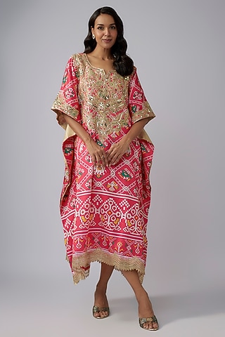 Hot Pink Modal Silk Patola Printed Kaftan by Priyanka Jha