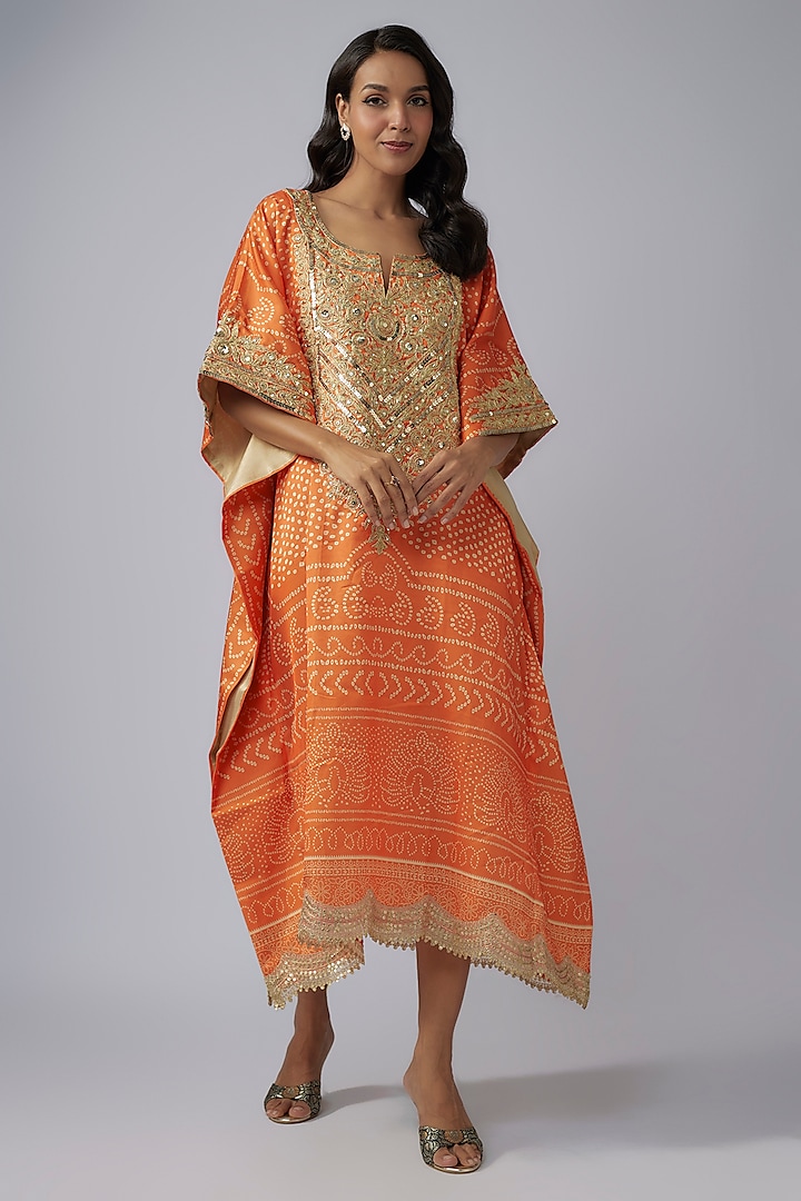 Marigold Yellow Modal Silk Bandhani Printed Kaftan by Priyanka Jha at Pernia's Pop Up Shop