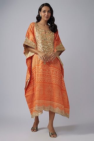 Marigold Yellow Modal Silk Bandhani Printed Kaftan by Priyanka Jha