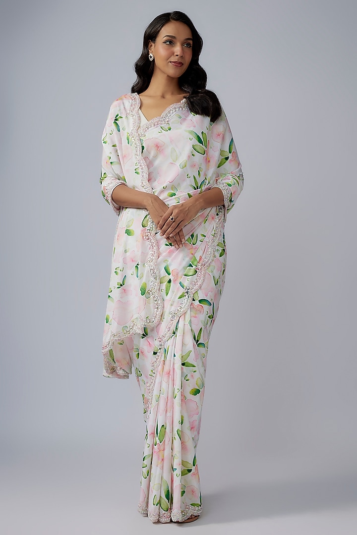 White & Multi-Colored Satin Crepe Printed Saree Set by Priyanka Jha