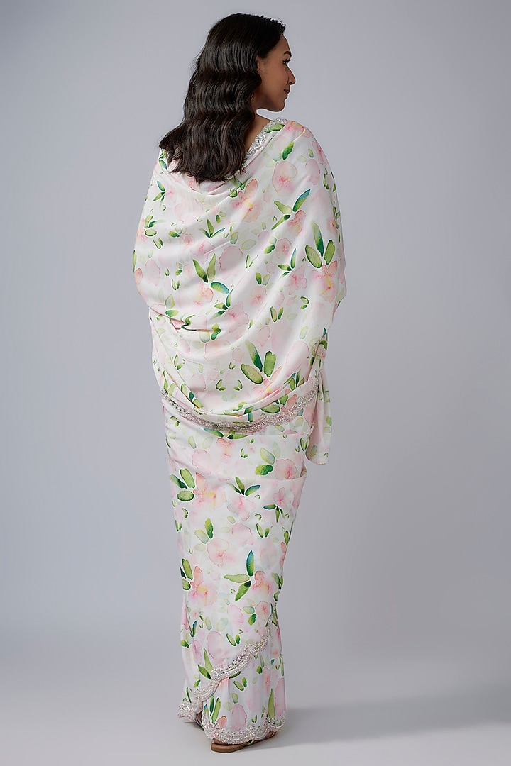 White & Multi-Colored Satin Crepe Printed Party Wear Saree Set by Priyanka Jha at Pernia's Pop Up Shop