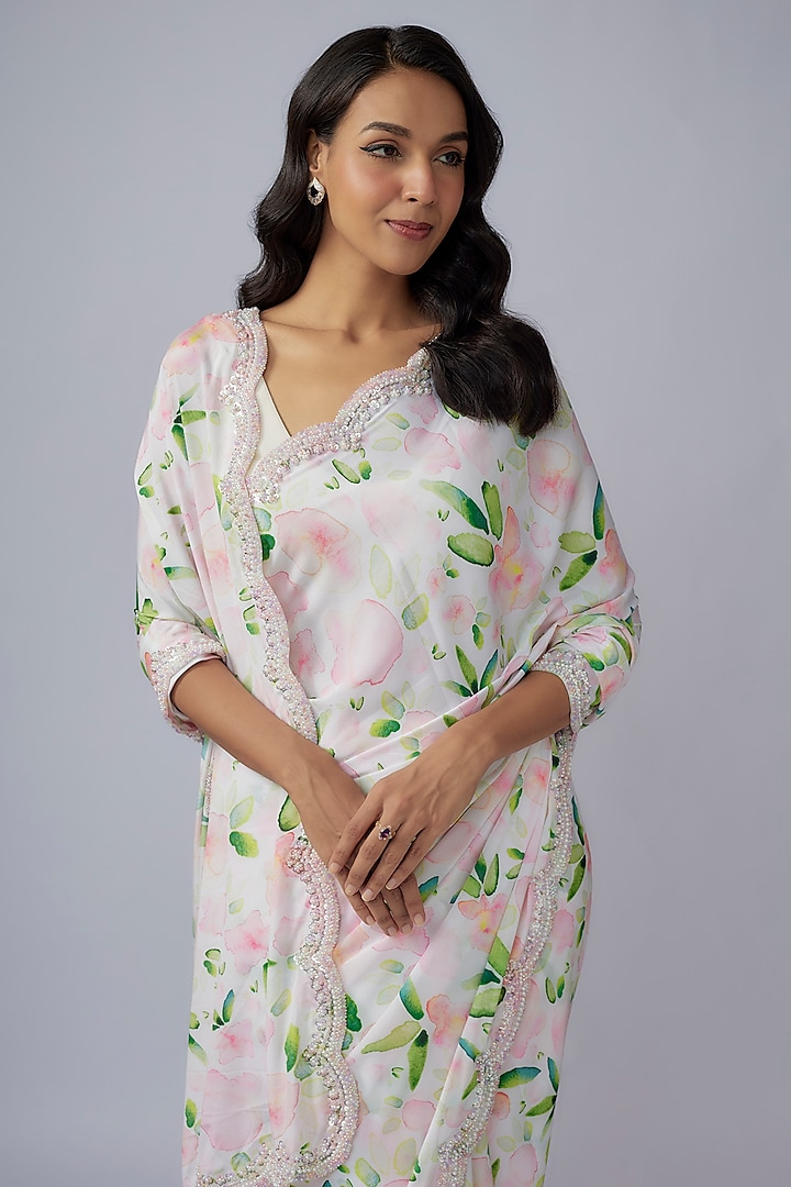 White & Multi-Colored Satin Crepe Printed Party Wear Saree Set by Priyanka Jha at Pernia's Pop Up Shop