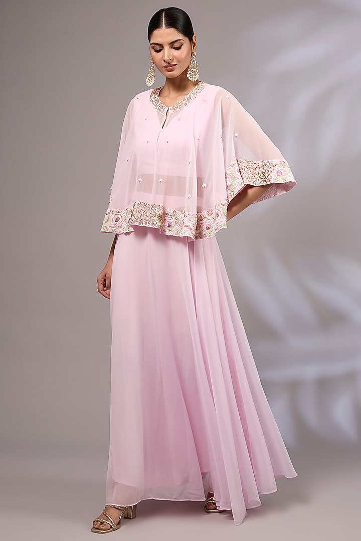 Blush Pink Georgette Hand Embroidered Cape Set by Priyanka Jha at Pernia's Pop Up Shop