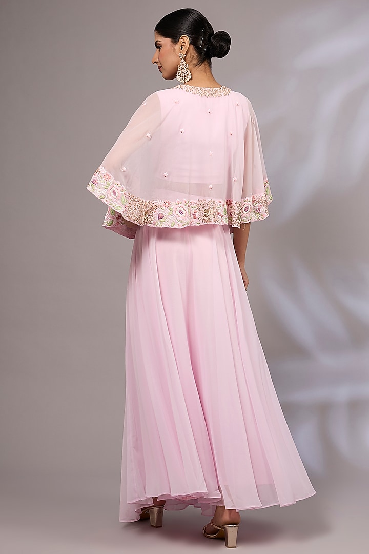 Blush Pink Georgette Hand Embroidered Cape Set by Priyanka Jha at Pernia's Pop Up Shop