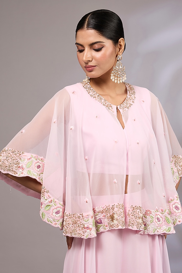 Blush Pink Georgette Hand Embroidered Cape Set by Priyanka Jha at Pernia's Pop Up Shop