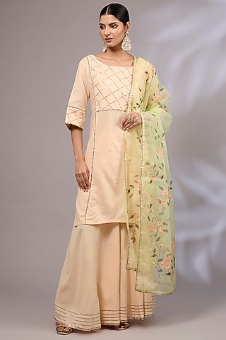 Peach Cotton Gota Patti Sharara Set by Priyanka Jha