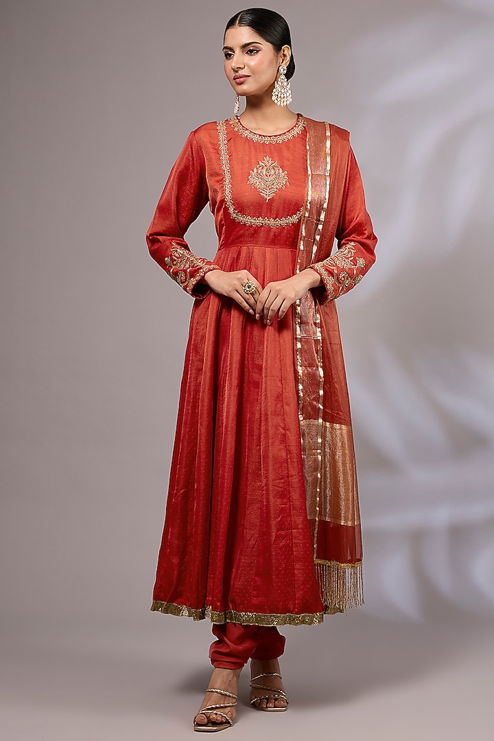 Rusty Orange Georgette Hand Embroidered Wedding Anarkali Set by Priyanka Jha at Pernia's Pop Up Shop