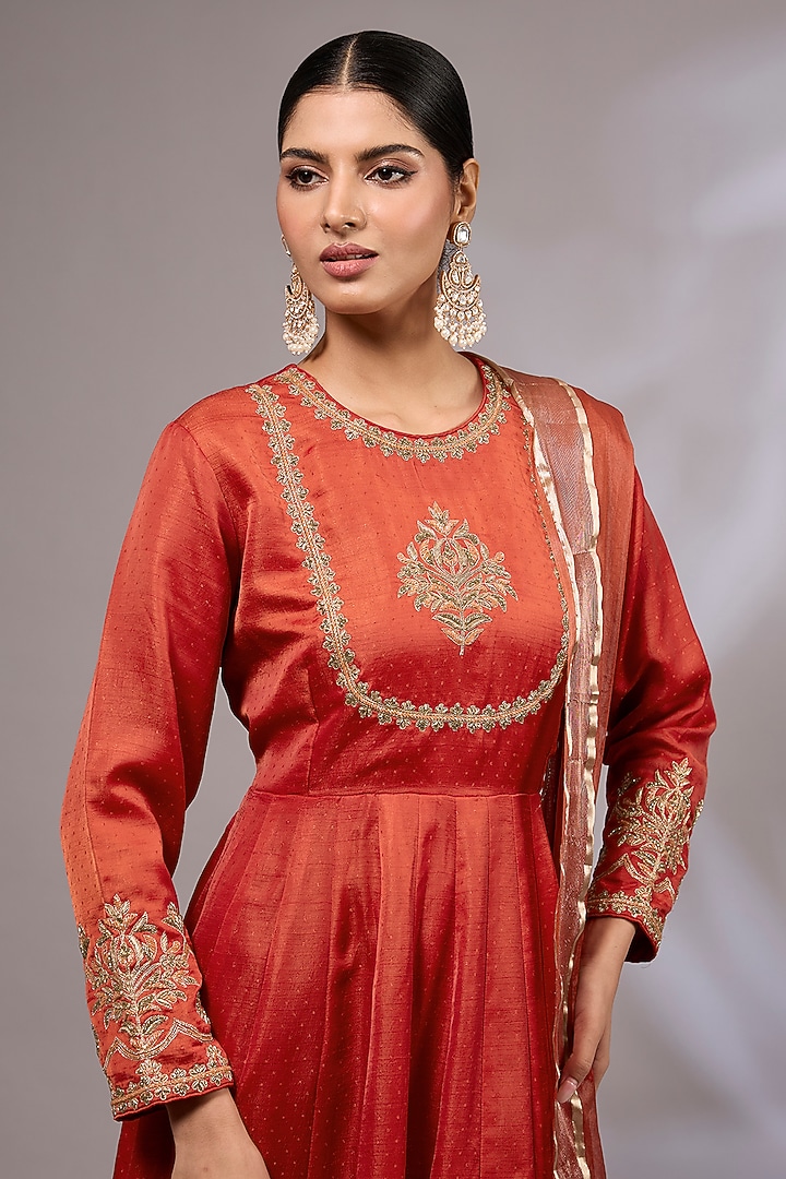 Rusty Orange Georgette Hand Embroidered Wedding Anarkali Set by Priyanka Jha at Pernia's Pop Up Shop
