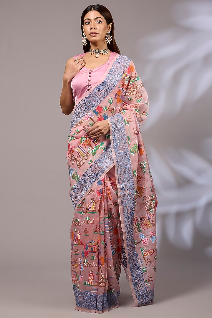 Peach Silk Organza Hand Embroidered Wedding Saree Set by Priyanka Jha at Pernia's Pop Up Shop