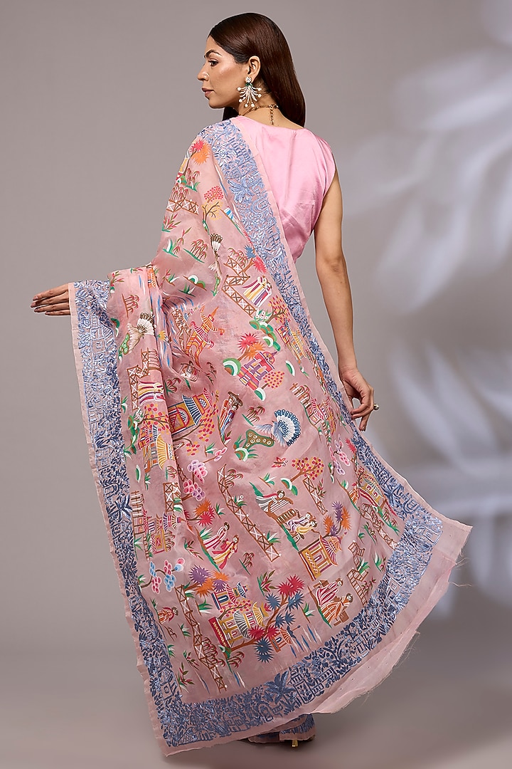 Peach Silk Organza Hand Embroidered Wedding Saree Set by Priyanka Jha at Pernia's Pop Up Shop