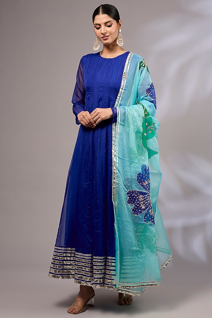 Royal Blue Organza Party Wear Anarkali Set by Priyanka Jha at Pernia's Pop Up Shop