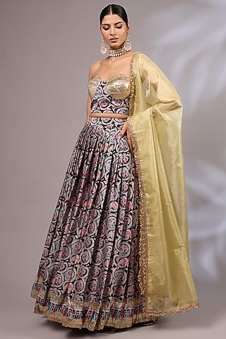 Multi-Colored Modal Silk Ajrakh Printed Lehenga Set by Priyanka Jha