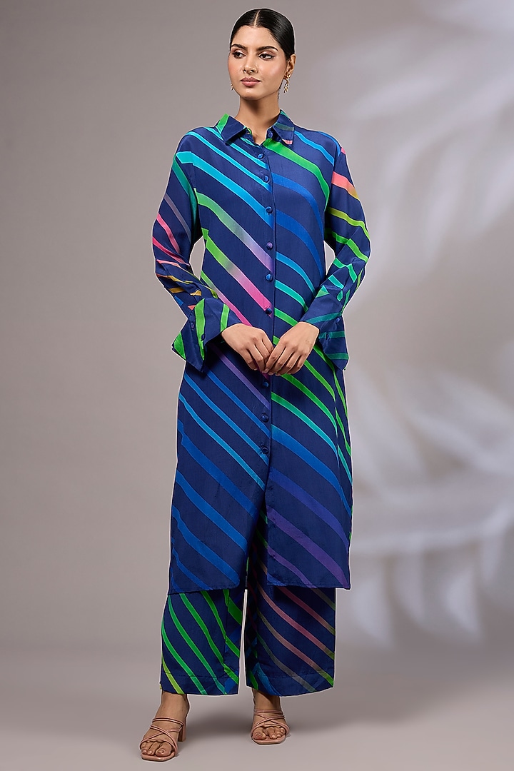 Blue Modal Silk Leheriya Printed Kurta Set by Priyanka Jha at Pernia's Pop Up Shop