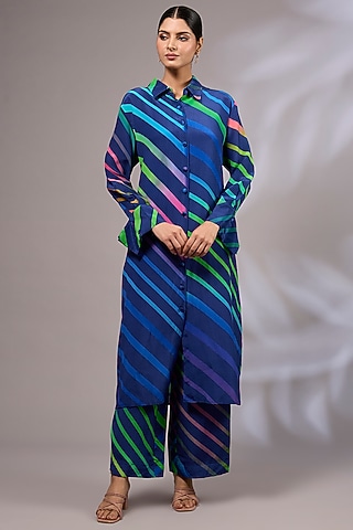 Blue Modal Silk Leheriya Printed Kurta Set by Priyanka Jha