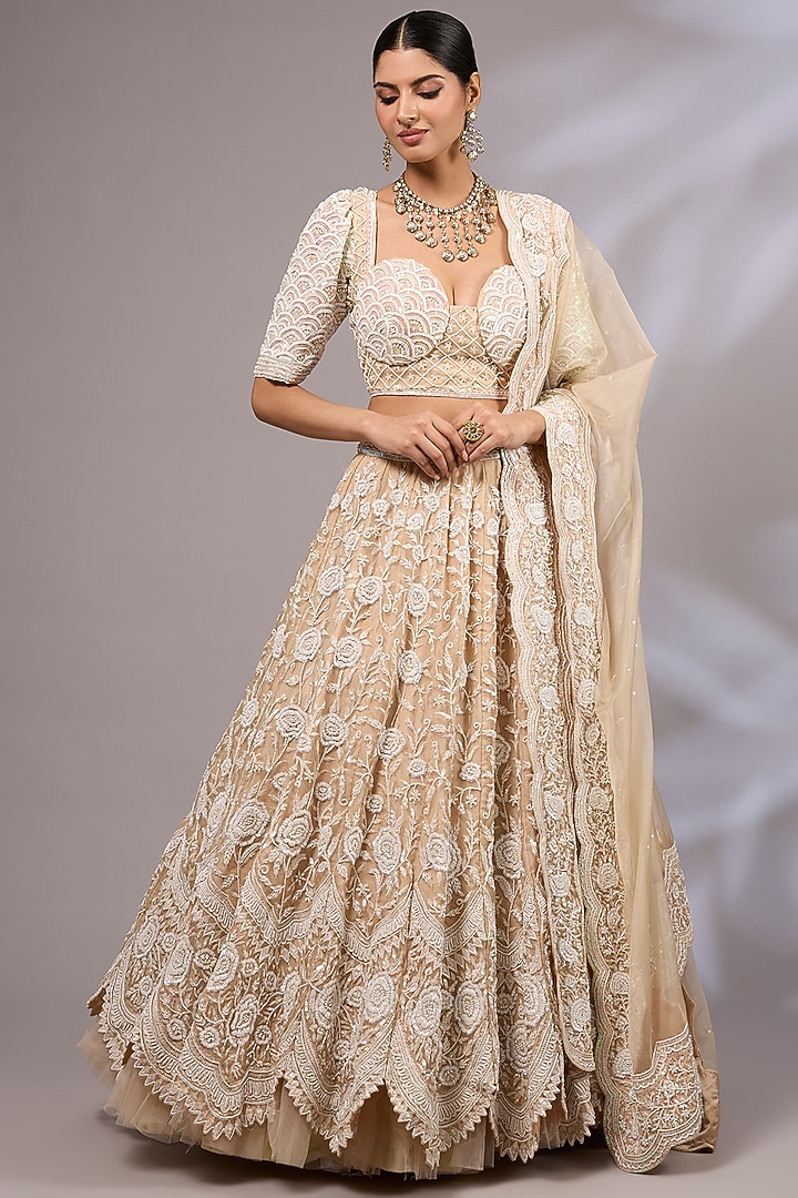 Light Beige Organza Silk Hand Embroidered Bridal Lehenga Set by Priyanka Jha at Pernia's Pop Up Shop