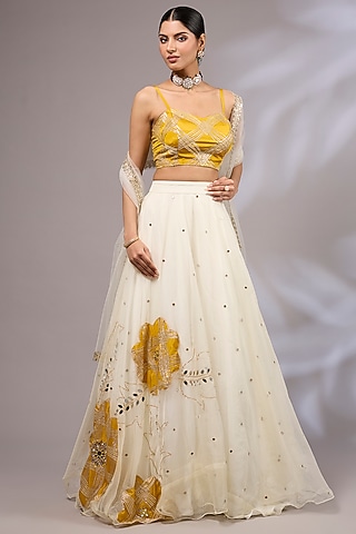 Off-White Organza Hand Embroidered Lehenga Set by Priyanka Jha