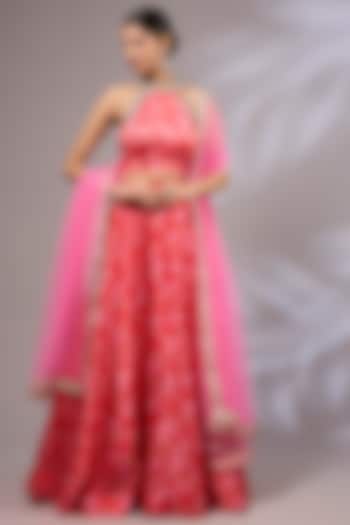 Pink Satin Silk Printed Lehenga Set by Priyanka Jha at Pernia's Pop Up Shop