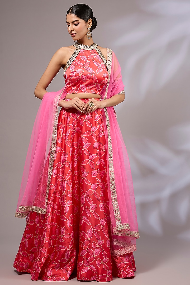 Pink Satin Silk Printed Lehenga Set by Priyanka Jha at Pernia's Pop Up Shop
