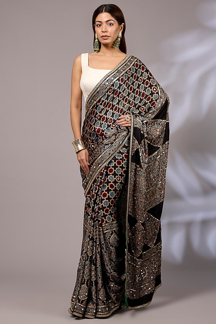 Black Modal Silk Hand Block Printed Wedding Saree Set by Priyanka Jha at Pernia's Pop Up Shop