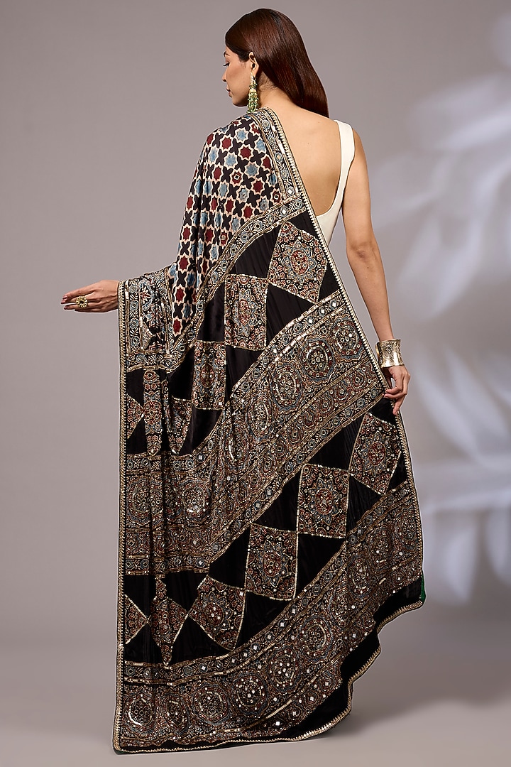 Black Modal Silk Hand Block Printed Wedding Saree Set by Priyanka Jha at Pernia's Pop Up Shop