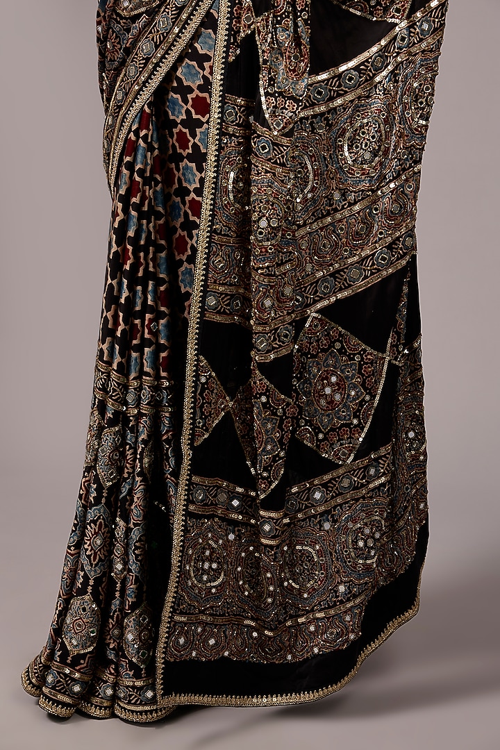 Black Modal Silk Hand Block Printed Wedding Saree Set by Priyanka Jha at Pernia's Pop Up Shop