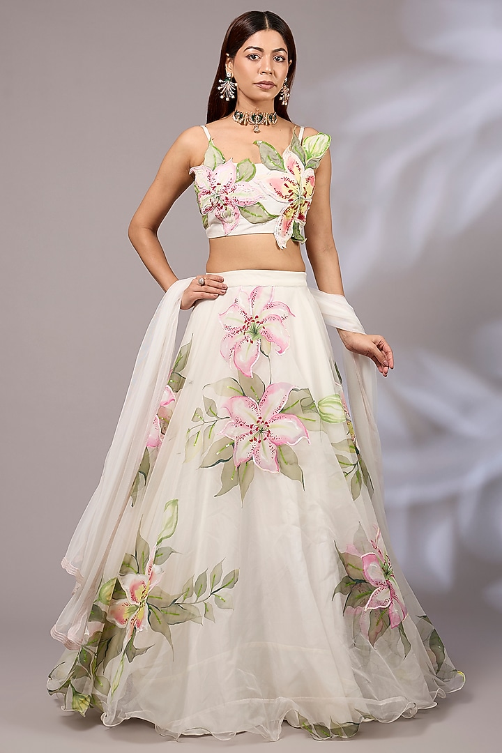 Off-White Organza Hand Painted Wedding Lehenga Set by Priyanka Jha at Pernia's Pop Up Shop