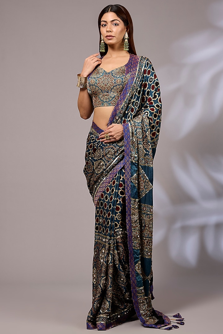 Black Modal Silk Hand Block Printed Wedding Saree Set by Priyanka Jha at Pernia's Pop Up Shop