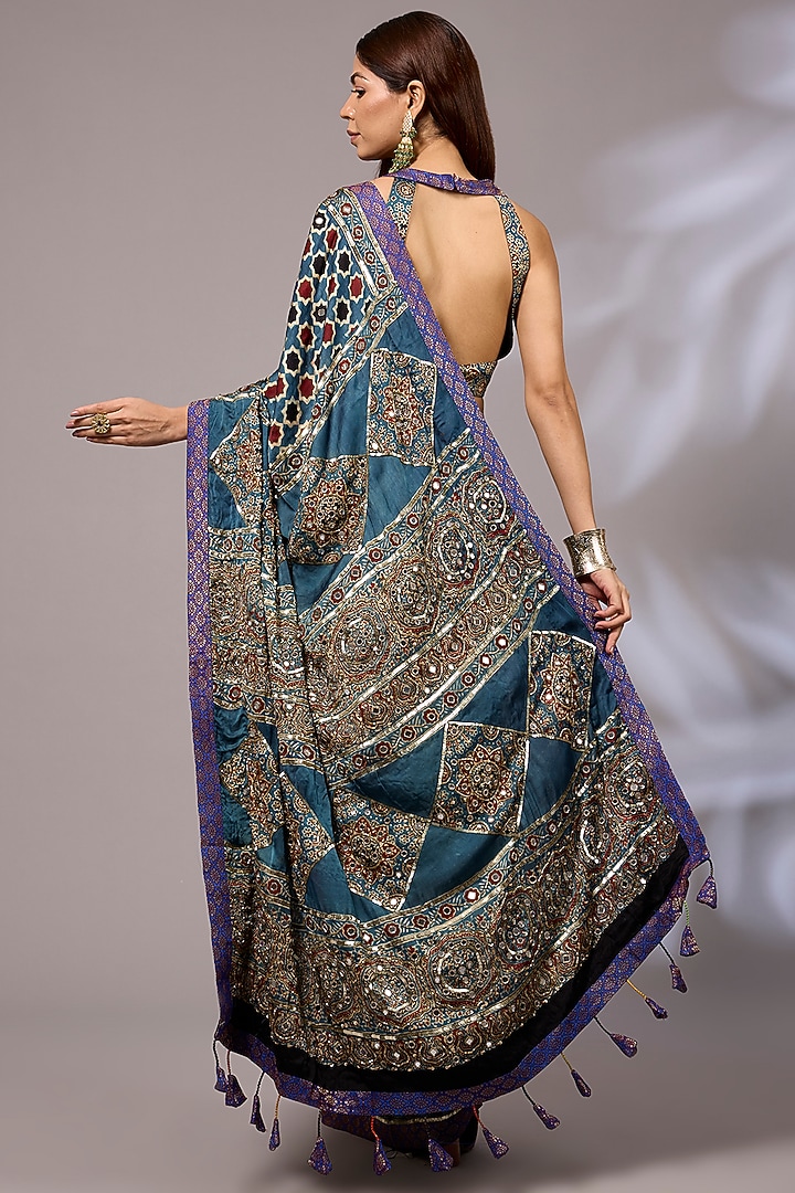 Black Modal Silk Hand Block Printed Wedding Saree Set by Priyanka Jha at Pernia's Pop Up Shop