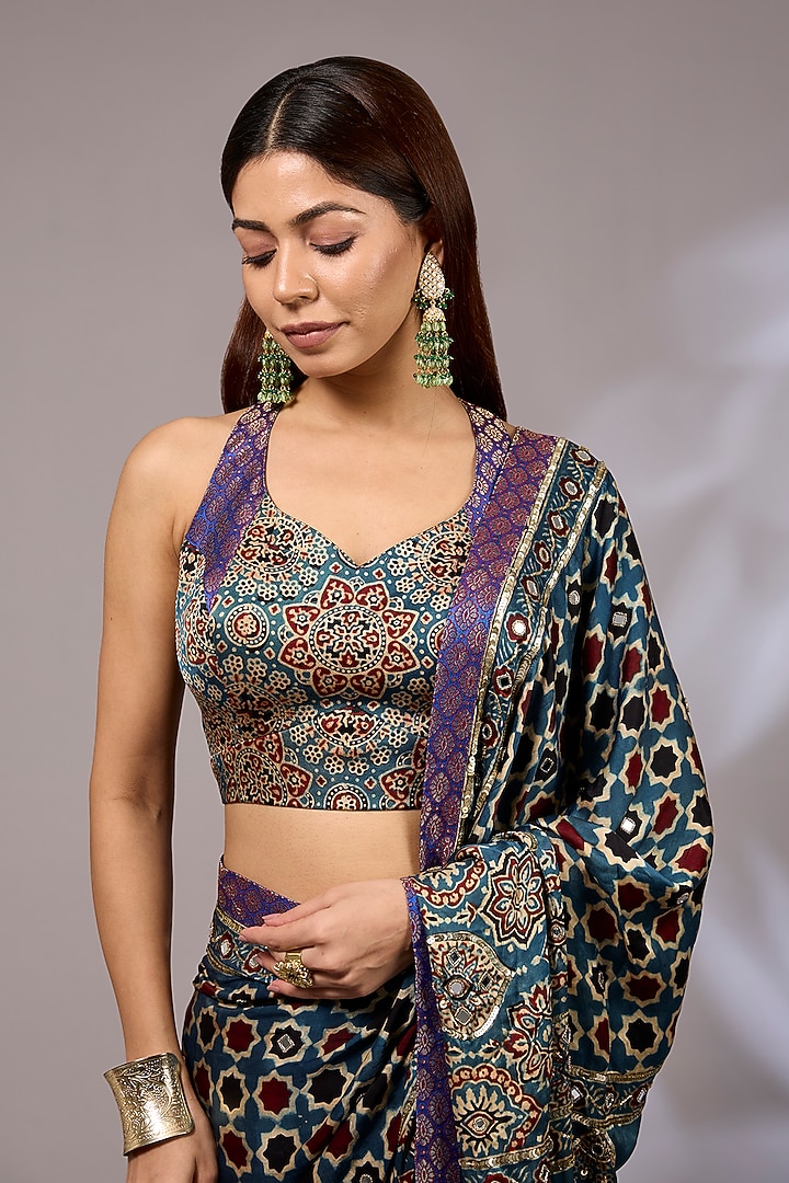 Black Modal Silk Hand Block Printed Wedding Saree Set by Priyanka Jha at Pernia's Pop Up Shop