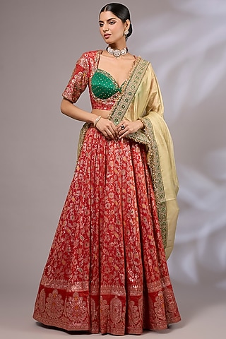 Maroon Dola Silk Banarasi Lehenga Set by Priyanka Jha