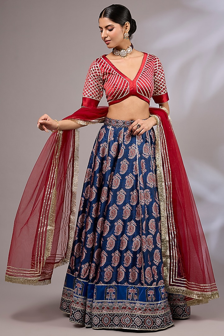 Indigo Blue Modal Silk Ajrakh Printed Lehenga Set by Priyanka Jha at Pernia's Pop Up Shop