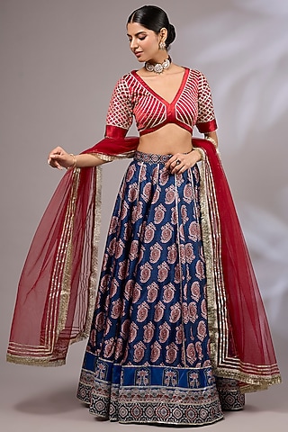 Indigo Blue Modal Silk Ajrakh Printed Lehenga Set by Priyanka Jha