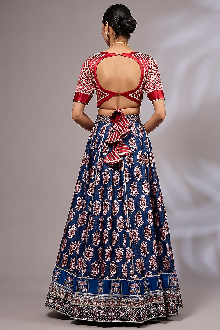 Indigo Blue Modal Silk Ajrakh Printed Lehenga Set by Priyanka Jha at Pernia's Pop Up Shop