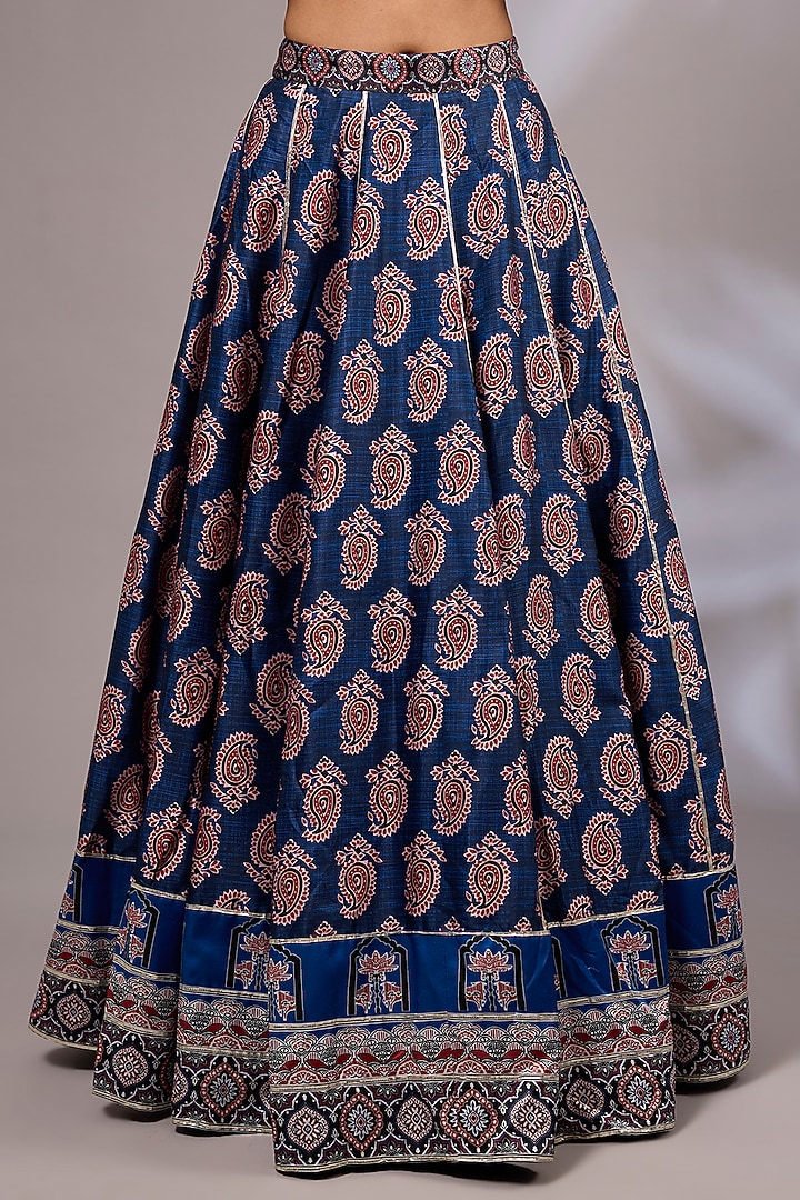 Indigo Blue Modal Silk Ajrakh Printed Lehenga Set by Priyanka Jha at Pernia's Pop Up Shop