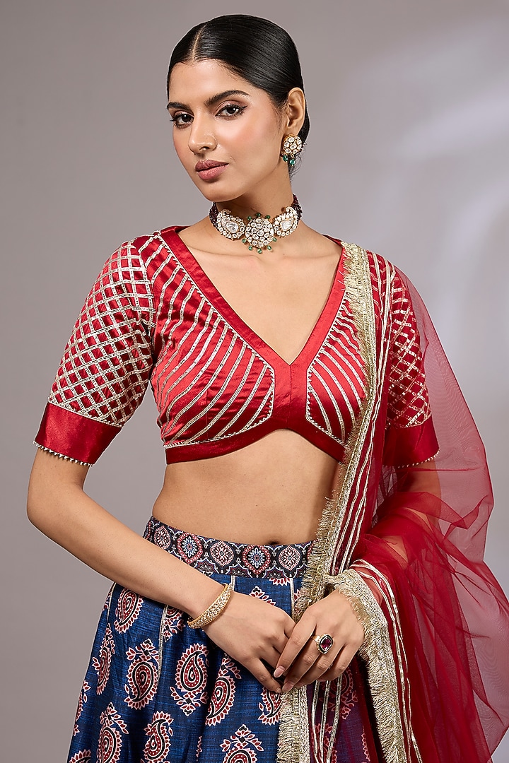 Indigo Blue Modal Silk Ajrakh Printed Lehenga Set by Priyanka Jha at Pernia's Pop Up Shop