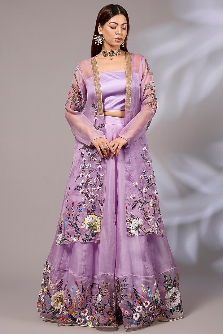 Lilac Organza Hand Embroidered Jacket Wedding Lehenga Set by Priyanka Jha at Pernia's Pop Up Shop