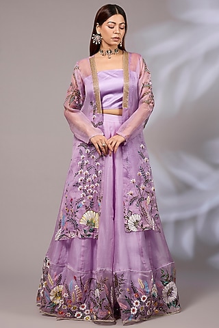 Lilac Organza Hand Embroidered Jacket Lehenga Set by Priyanka Jha
