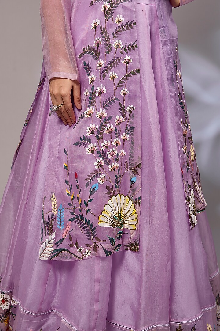 Lilac Organza Hand Embroidered Jacket Wedding Lehenga Set by Priyanka Jha at Pernia's Pop Up Shop