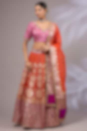 Orange & Hot Pink Organza Banarasi Hand Embroidered Wedding Lehenga Set by Priyanka Jha at Pernia's Pop Up Shop