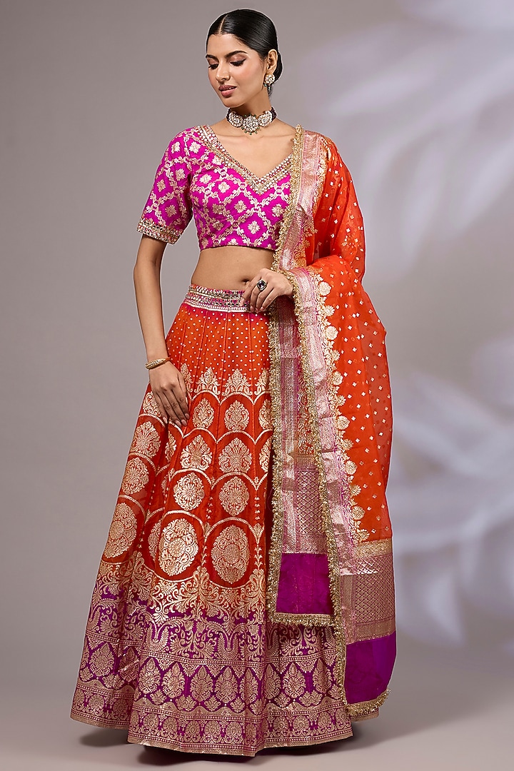 Orange & Hot Pink Organza Banarasi Hand Embroidered Wedding Lehenga Set by Priyanka Jha at Pernia's Pop Up Shop