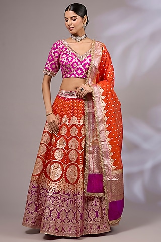 Orange & Hot Pink Organza Banarasi Hand Embroidered Lehenga Set by Priyanka Jha