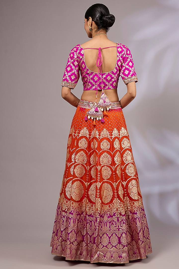 Orange & Hot Pink Organza Banarasi Hand Embroidered Wedding Lehenga Set by Priyanka Jha at Pernia's Pop Up Shop