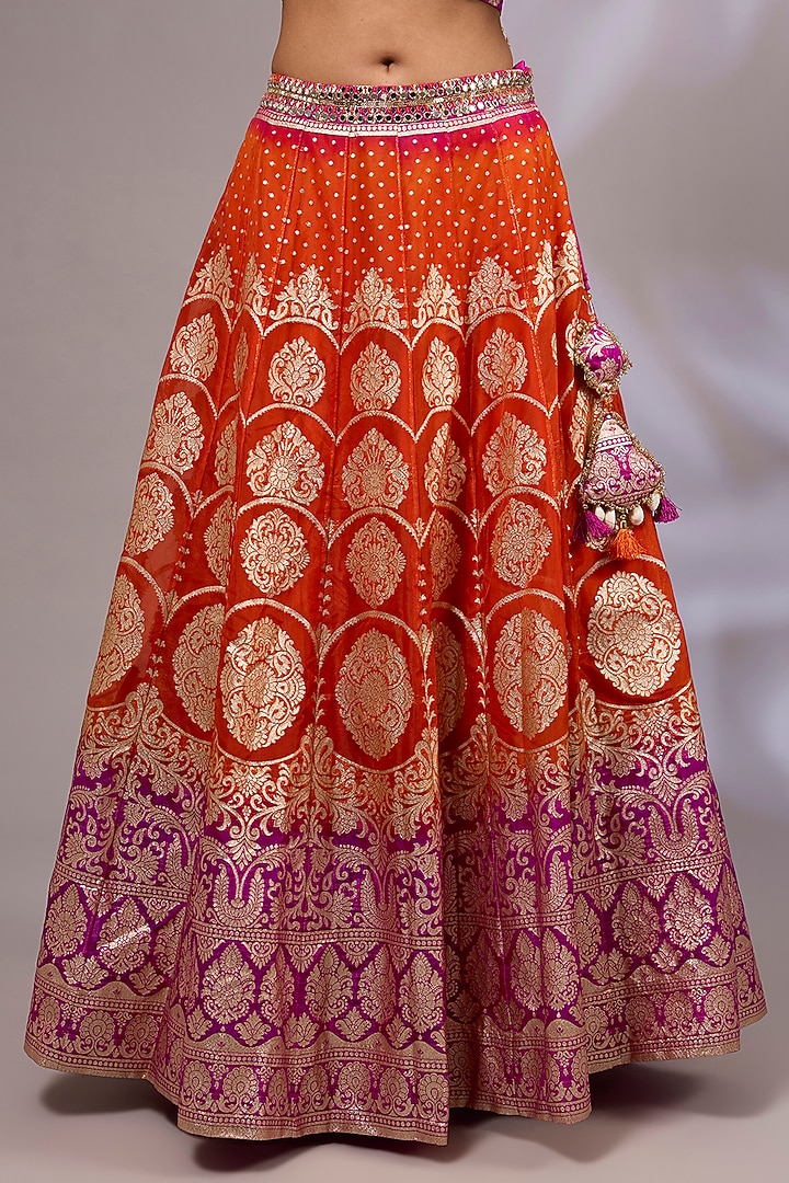 Orange & Hot Pink Organza Banarasi Hand Embroidered Wedding Lehenga Set by Priyanka Jha at Pernia's Pop Up Shop